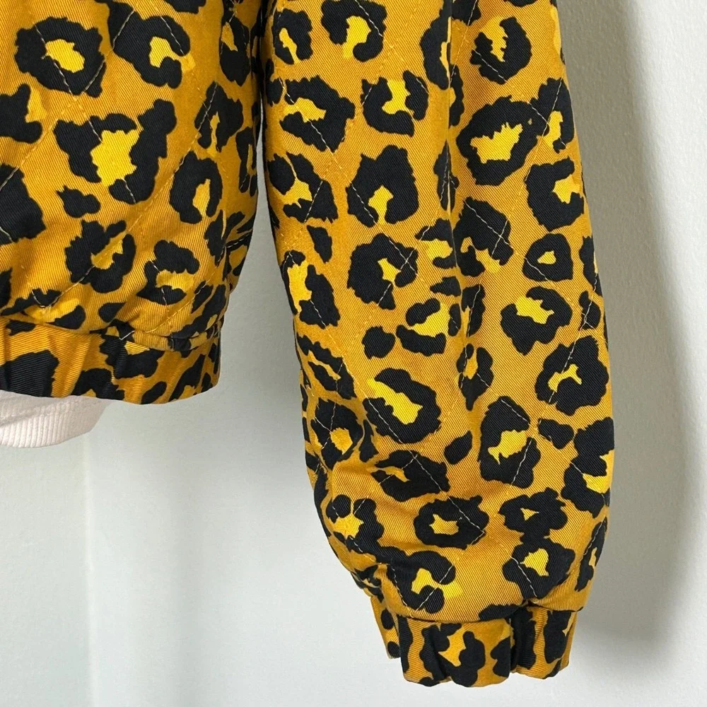 H&M Leopard Print‎ Bomber Jacket Mustard Yellow Black Quilted Full Zip Women M